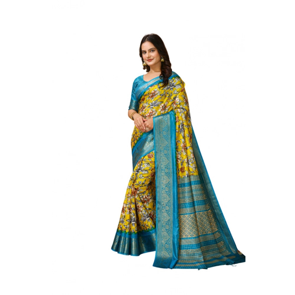 Generic Women's Soft Dola Cotton Kalamkari Printed Saree With Unstitched Blouse 5.5Mtr (Yellow)
