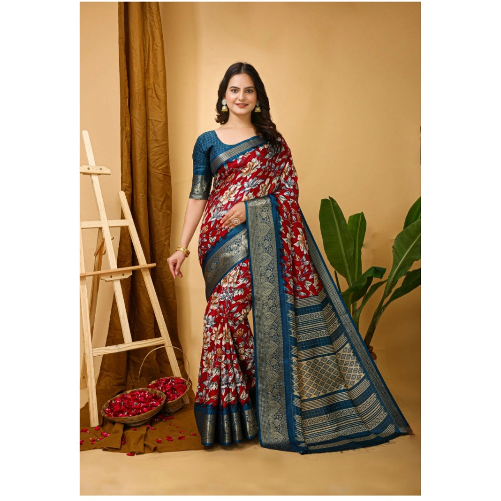 Generic Women's Soft Dola Cotton Kalamkari Printed Saree With Unstitched Blouse 5.5Mtr (Red)