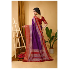 Generic Women's Soft Dola Cotton Kalamkari Printed Saree With Unstitched Blouse 5.5Mtr (Purple)