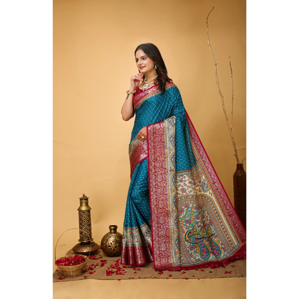 Generic Women's Soft Dola Cotton Kalamkari Printed Saree With Unstitched Blouse 5.5Mtr (Sky Blue)