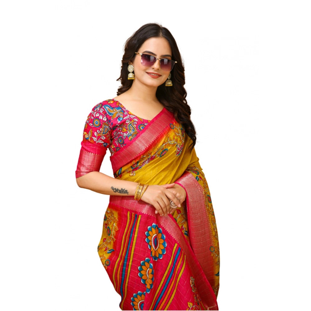 Generic Women's Soft Dola Cotton Kalamkari Printed Saree With Unstitched Blouse 5.5Mtr (Yellow)
