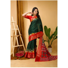 Generic Women's Soft Dola Cotton Kalamkari Printed Saree With Unstitched Blouse 5.5Mtr (Green)