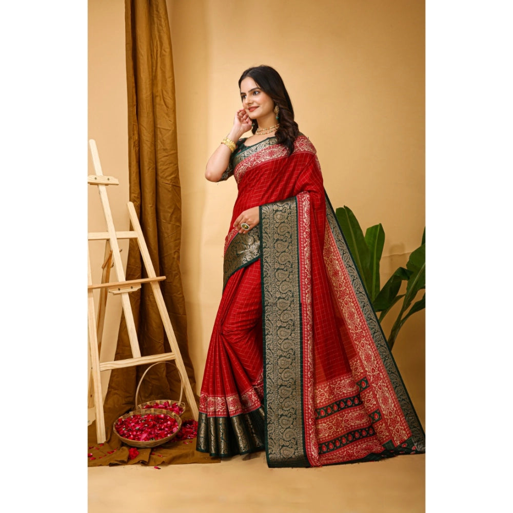 Generic Women's Soft Dola Cotton Kalamkari Printed Saree With Unstitched Blouse 5.5Mtr (Red)