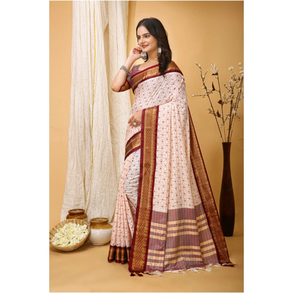 Generic Women's Soft Cotton Silk Printed Saree With Unstitched Blouse 5.5Mtr (Maroon)