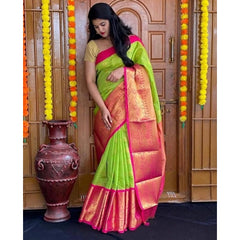 Generic Women's Soft Lichi Silk Printed Saree With Unstitched Blouse 5.5Mtr (Green)