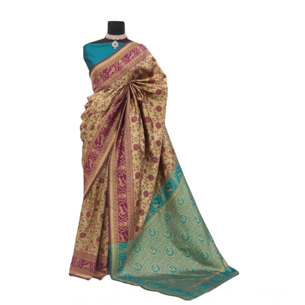 Generic Women's Banarasi Printed Saree With Unstitched Blouse 5.5Mtr (Purple)