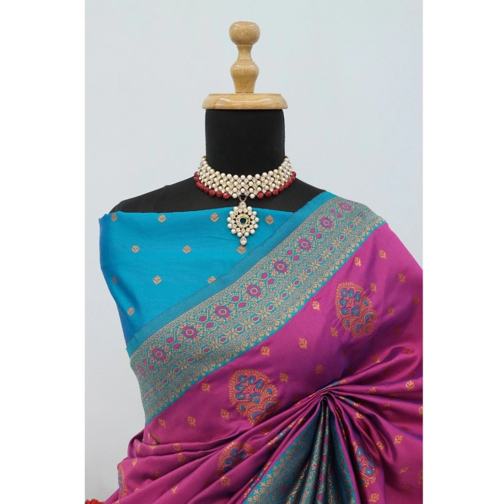 Generic Women's Banarasi Printed Saree With Unstitched Blouse 5.5Mtr (Purple)