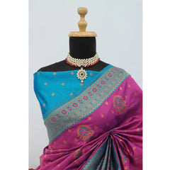 Generic Women's Banarasi Printed Saree With Unstitched Blouse 5.5Mtr (Purple)