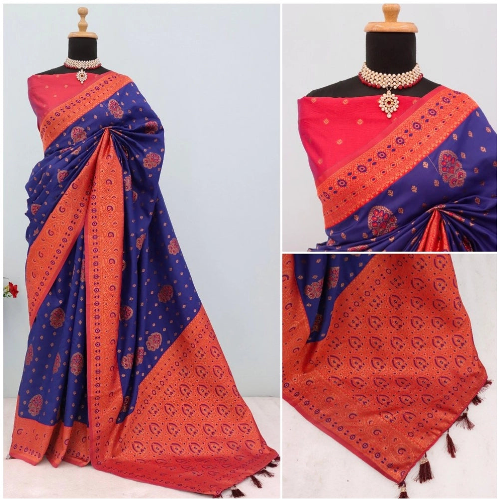Generic Women's Banarasi Printed Saree With Unstitched Blouse 5.5Mtr (Navy Blue)