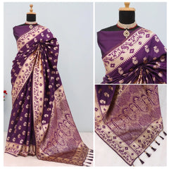 Generic Women's Satin Printed Saree With Unstitched Blouse 5.5Mtr (Purple)