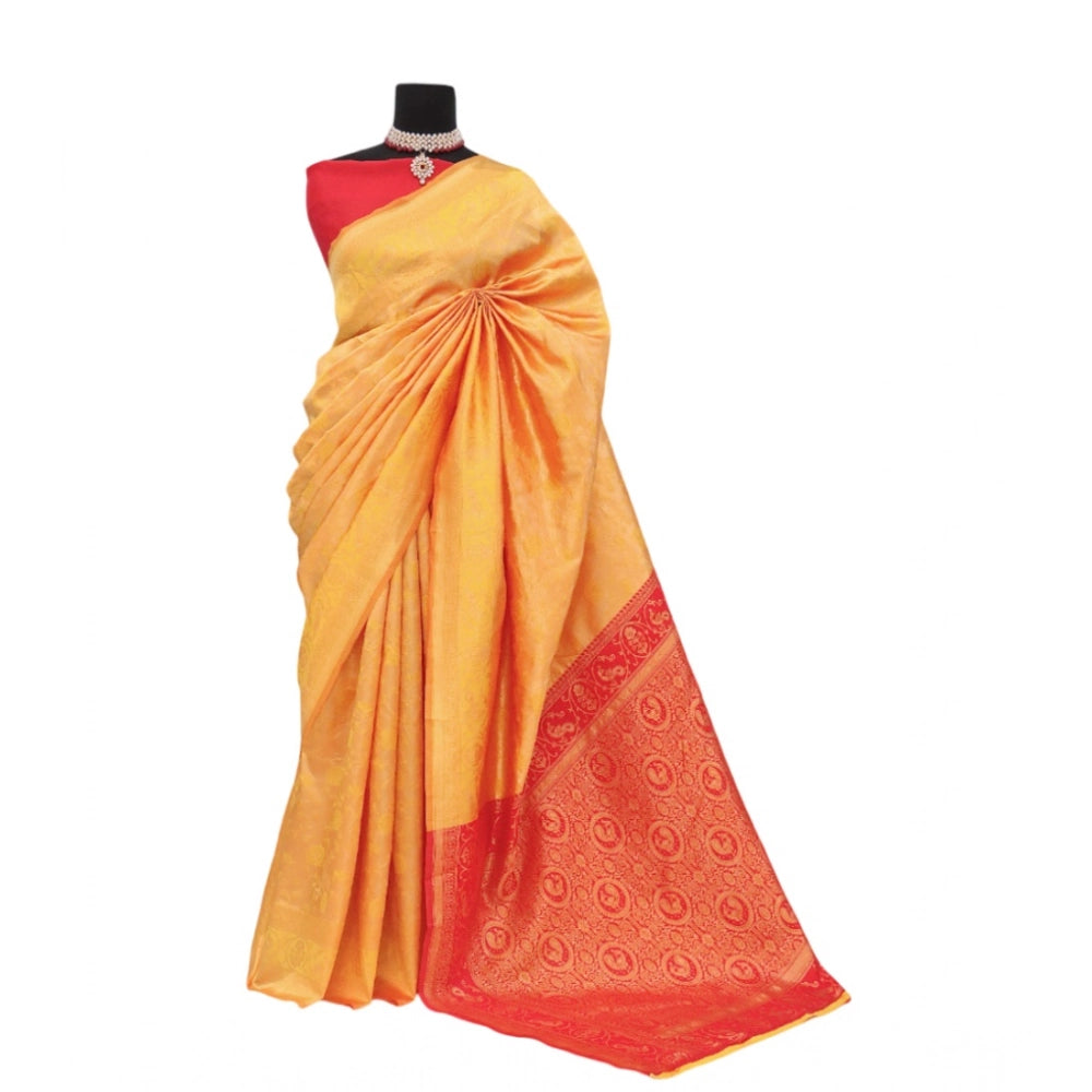Generic Women's Banarasi Printed Saree With Unstitched Blouse 5.5Mtr (Yellow)