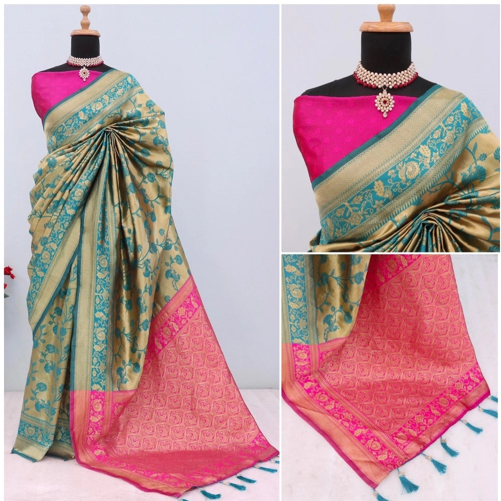 Generic Women's Banarasi Printed Saree With Unstitched Blouse 5.5Mtr (Golden)
