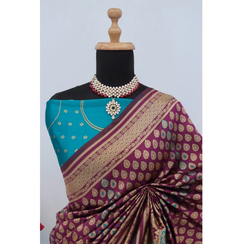 Generic Women's Banarasi Printed Saree With Unstitched Blouse 5.5Mtr (Purple)
