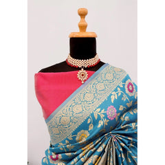 Generic Women's Banarasi Printed Saree With Unstitched Blouse 5.5Mtr (Aqua Blue)