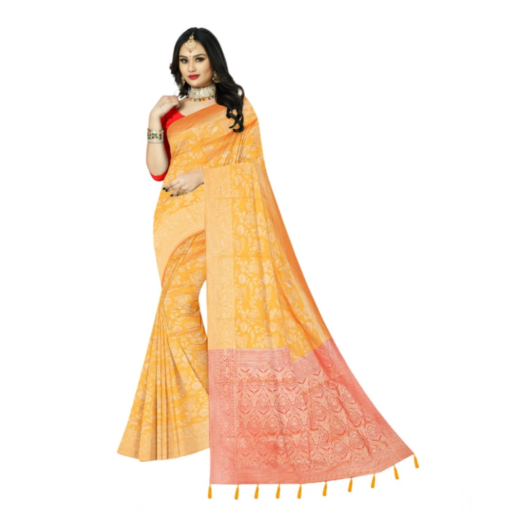 Generic Women's Banarasi Printed Saree With Unstitched Blouse 5.5Mtr (Yellow)
