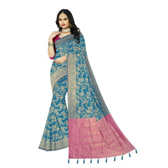 Generic Women's Banarasi Printed Saree With Unstitched Blouse 5.5Mtr (Aqua Blue)