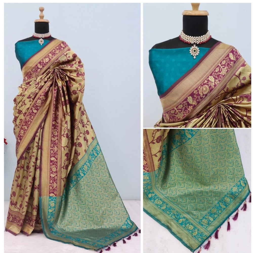 Generic Women's Banarasi Printed Saree With Unstitched Blouse 5.5Mtr (Golden)
