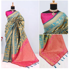 Generic Women's Banarasi Printed Saree With Unstitched Blouse 5.5Mtr (Golden)