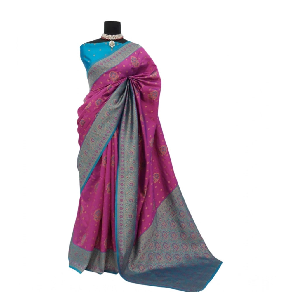 Generic Women's Banarasi Printed Saree With Unstitched Blouse 5.5Mtr (Purple)