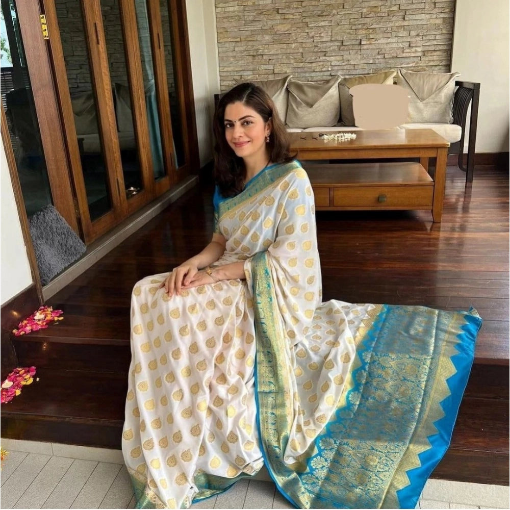 Generic Women's Silk Blend Woven Kanjivaram Saree With Unstitched Blouse (5.5Mtr, White Rama)