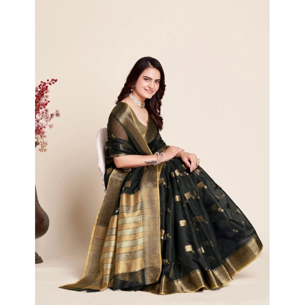 Generic Women's Silk Blend Printed Banarasi Saree With Unstitched Blouse (5.5Mtr, Black)