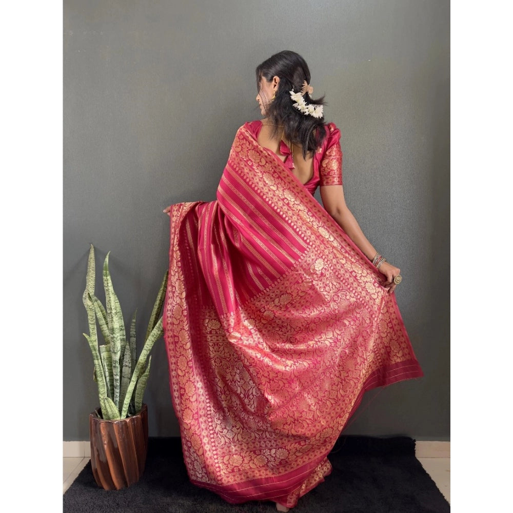 Generic Women's Silk Blend Woven Kanjivaram Saree With Unstitched Blouse (5.5Mtr, Pink)