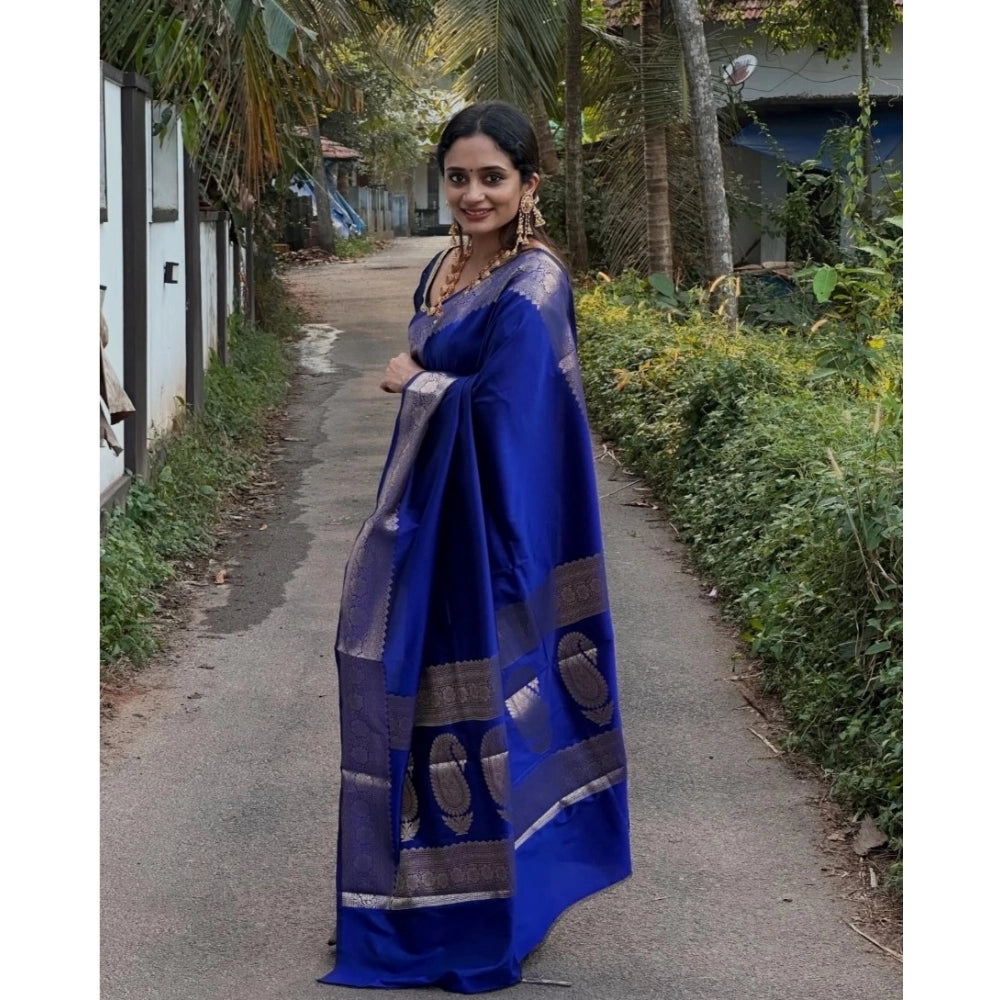 Generic Women's Silk Woven Kanjivaram Saree With Unstitched Blouse (5.5Mtr, Blue)