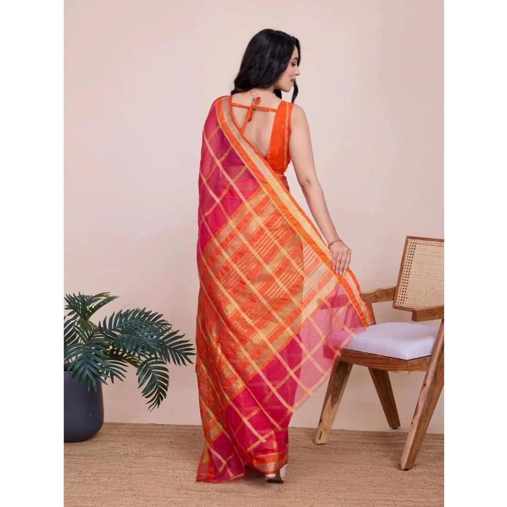 Generic Women's Cotton Silk Checkered Kota Doria Saree With Unstitched Blouse (5.5Mtr, Red)