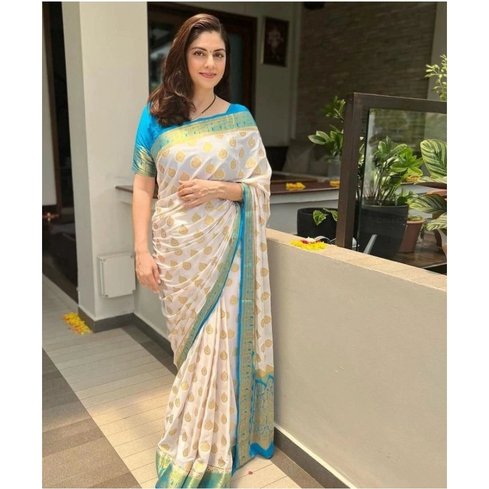 Generic Women's Silk Blend Woven Kanjivaram Saree With Unstitched Blouse (5.5Mtr, White Rama)