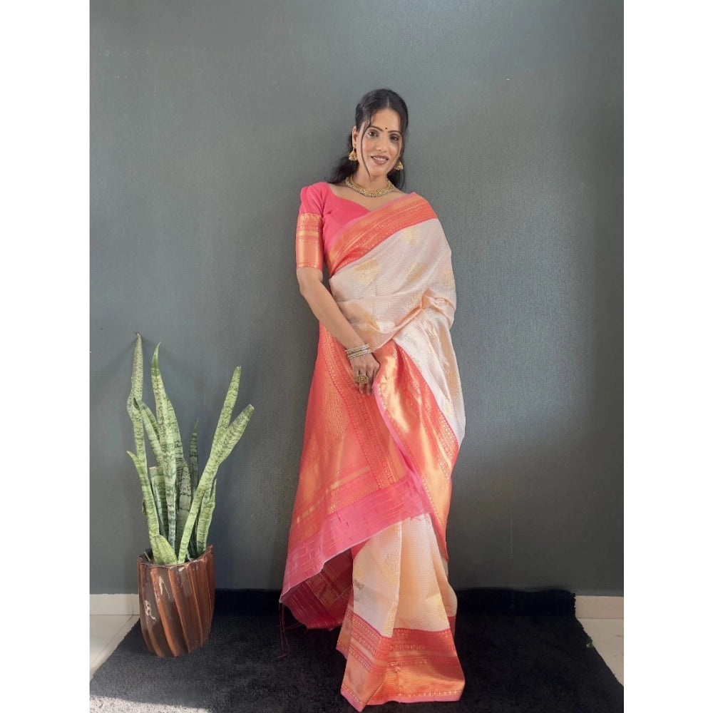 Generic Women's Silk Blend Woven Kanjivaram Saree With Unstitched Blouse (5.5Mtr, Peach)