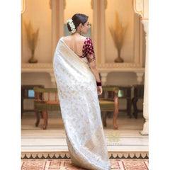 Generic Women's Silk Woven Kanjivaram Saree With Unstitched Blouse (5.5Mtr, White)