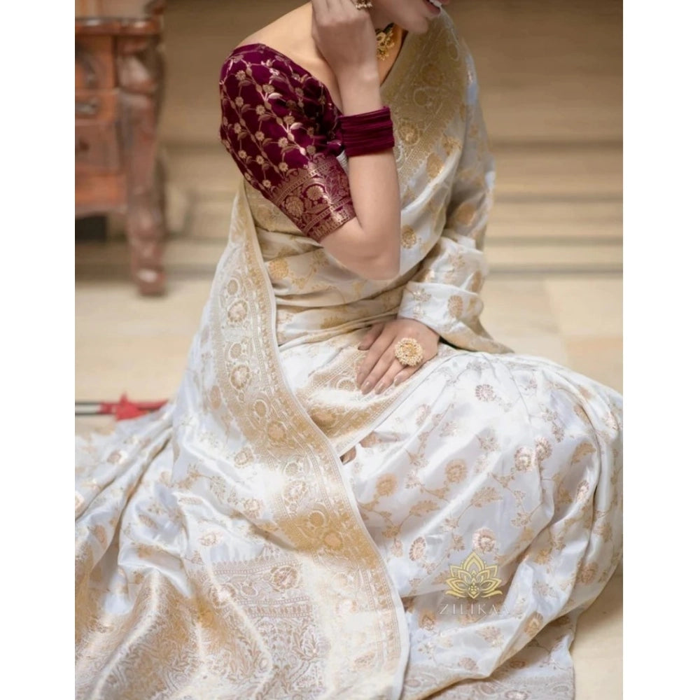 Generic Women's Silk Woven Kanjivaram Saree With Unstitched Blouse (5.5Mtr, White)