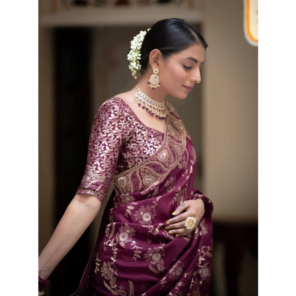 Generic Women's Art Silk Embellished Kanjivaram Saree With Unstitched Blouse (5.5Mtr, Purple)