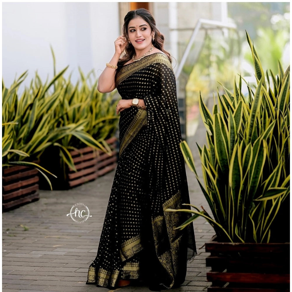 Generic Women's Silk Woven Kanjivaram Saree With Unstitched Blouse (5.5Mtr, Black)