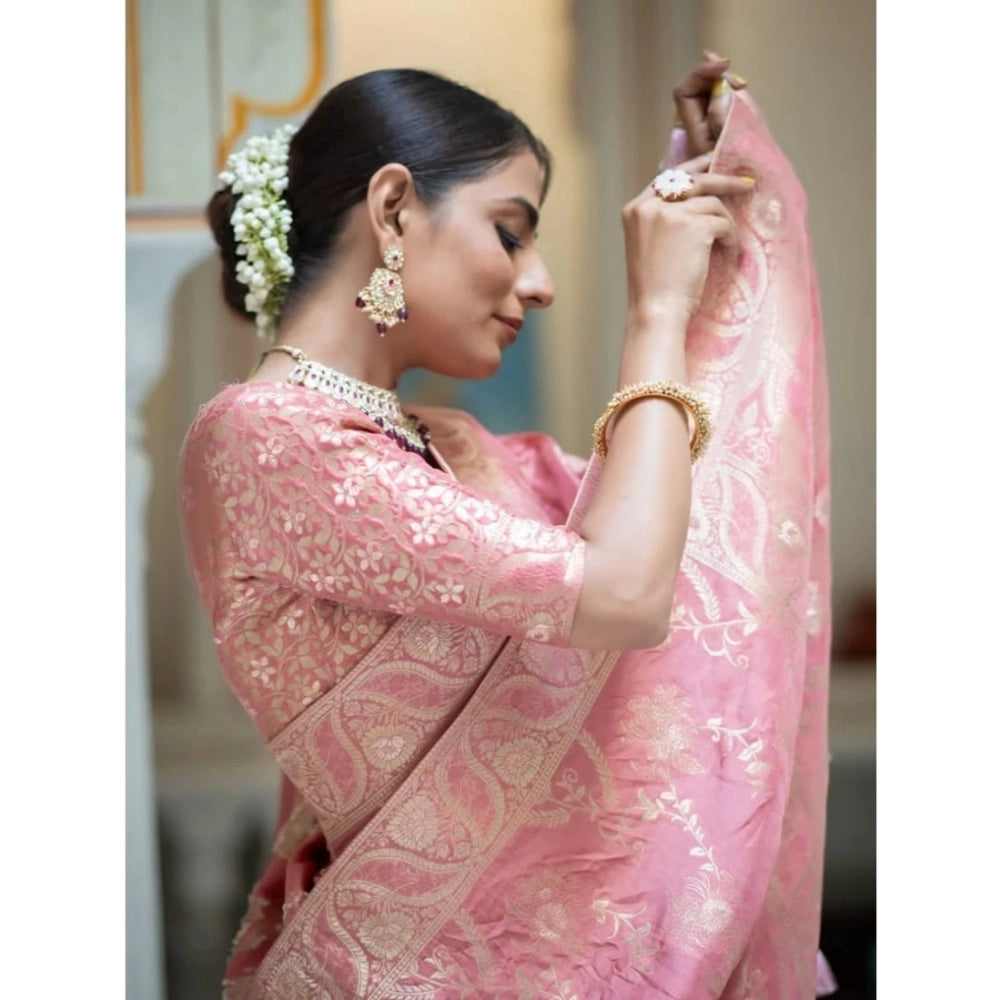 Generic Women's Art Silk Embellished Kanjivaram Saree With Unstitched Blouse (5.5Mtr, Peach)