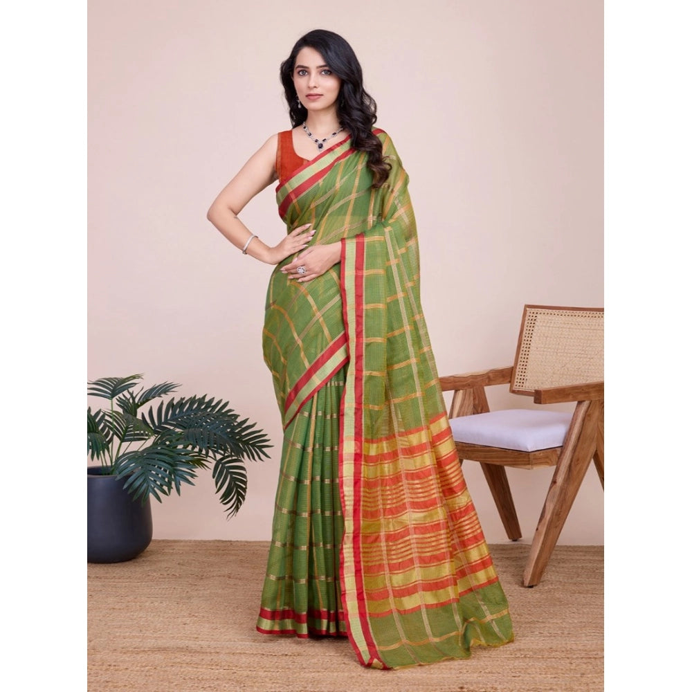 Generic Women's Cotton Silk Checkered Kota Doria Saree With Unstitched Blouse (5.5Mtr, Mehendi)