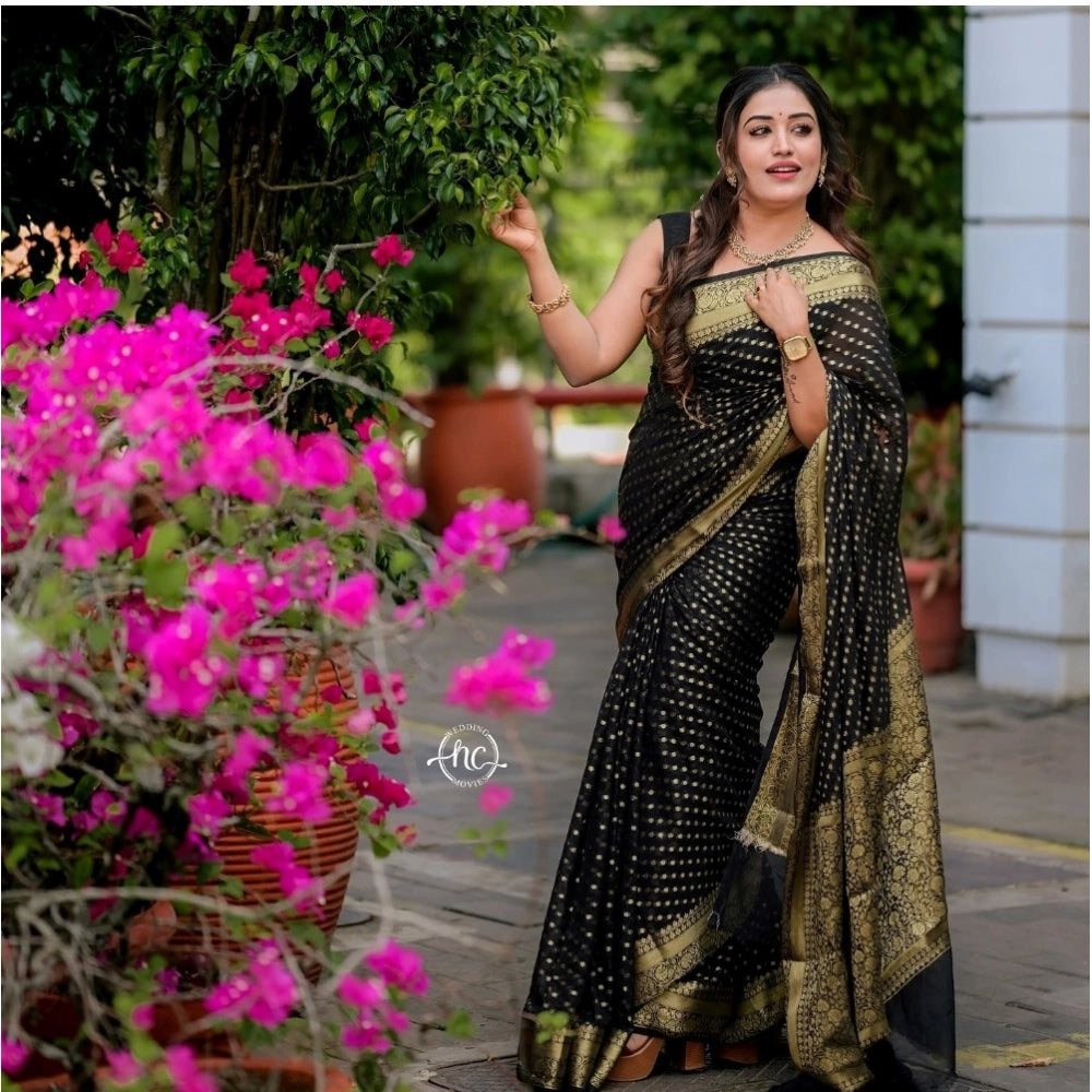 Generic Women's Silk Woven Kanjivaram Saree With Unstitched Blouse (5.5Mtr, Black)