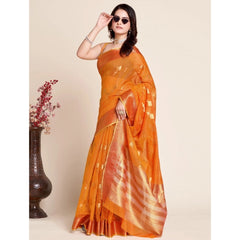 Generic Women's Silk Blend Printed Banarasi Saree With Unstitched Blouse (5.5Mtr, Orange)
