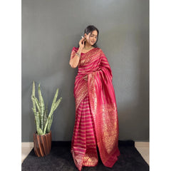 Generic Women's Silk Blend Woven Kanjivaram Saree With Unstitched Blouse (5.5Mtr, Pink)