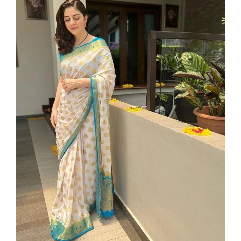 Generic Women's Silk Blend Woven Kanjivaram Saree With Unstitched Blouse (5.5Mtr, White Rama)
