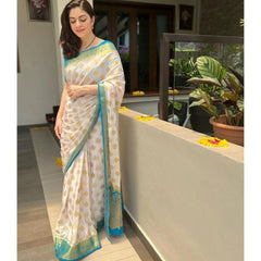 Generic Women's Silk Blend Woven Kanjivaram Saree With Unstitched Blouse (5.5Mtr, White Rama)