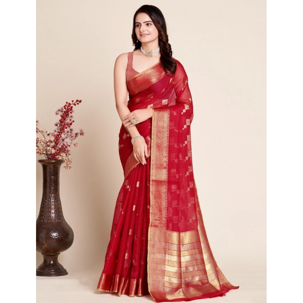 Generic Women's Silk Blend Printed Banarasi Saree With Unstitched Blouse (5.5Mtr, Dark Rani)