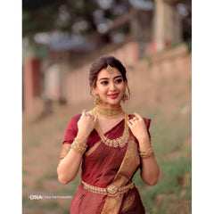 Generic Women's Silk Woven Kanjivaram Saree With Unstitched Blouse (5.5Mtr, Maroon)