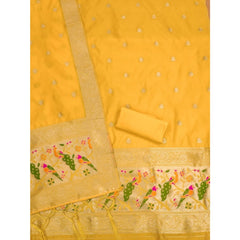 Generic Women's Banarasi Silk Printed Unstitched Salwar Suit Material With Dupatta (Yellow, 3Mtrs)