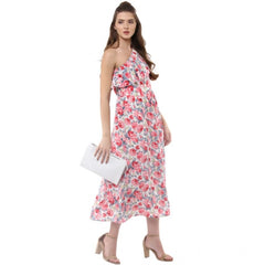 Generic Women's Polyester Crepe Floral One Shoulder One Shoulder Dress (Multicolor)