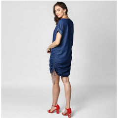 Generic Women's Denim Solid Close Neck Short Sleeve Dress (Blue)