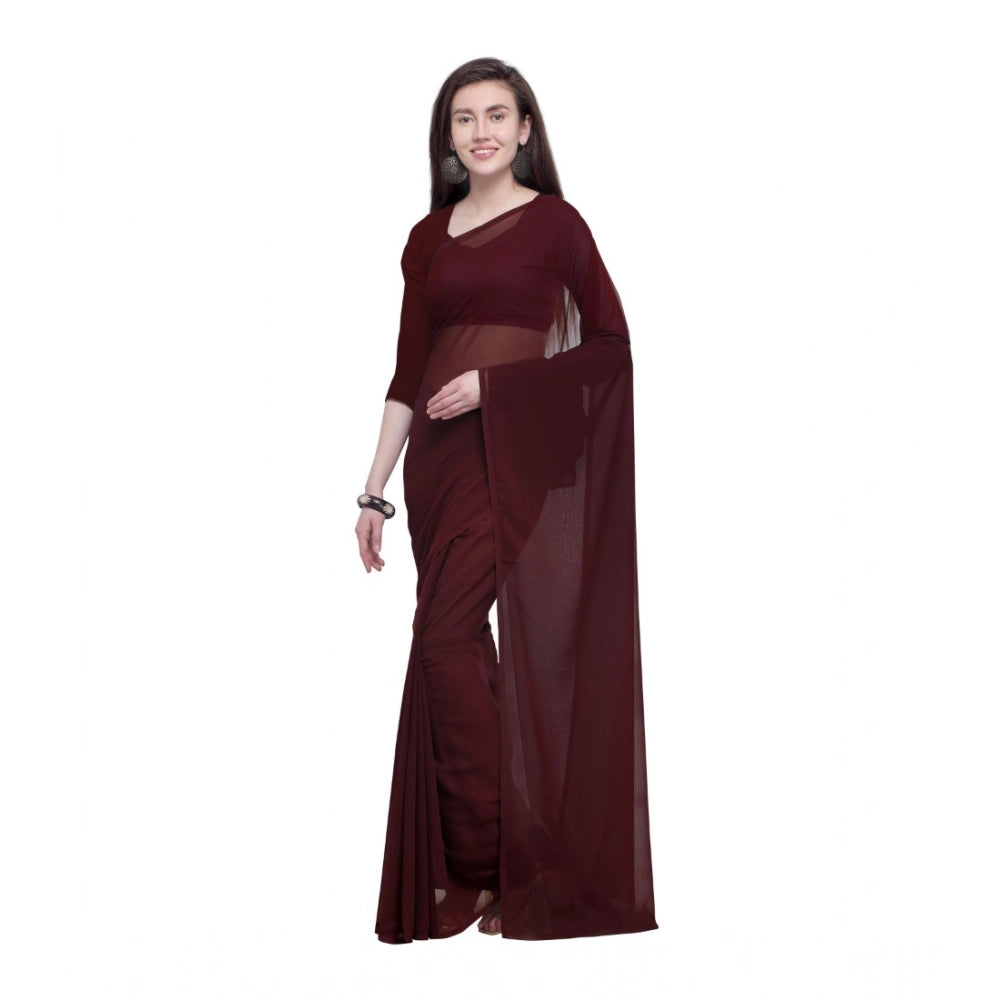 Generic Women's Dyed Solid Saree With Unstitched Blouse 5.5Mtr (Brown)