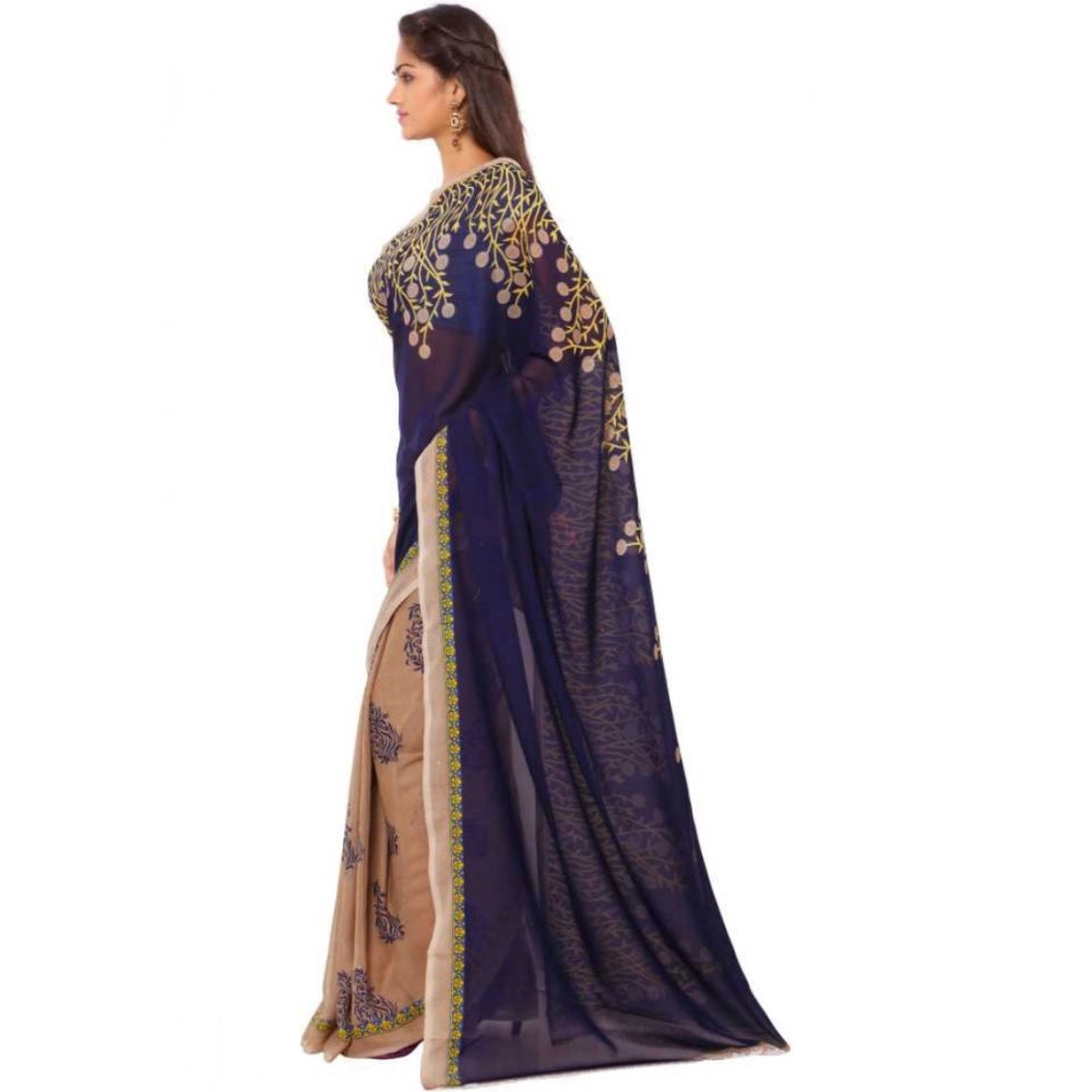 Generic Women's Faux Georgette Printed Saree With Unstitched Blouse 5.5Mtr (Blue)