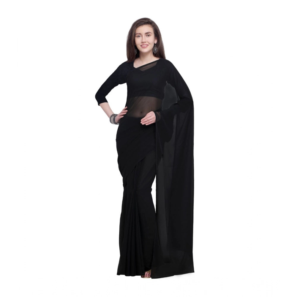 Generic Women's Dyed Solid Saree With Unstitched Blouse 5.5Mtr (Black)