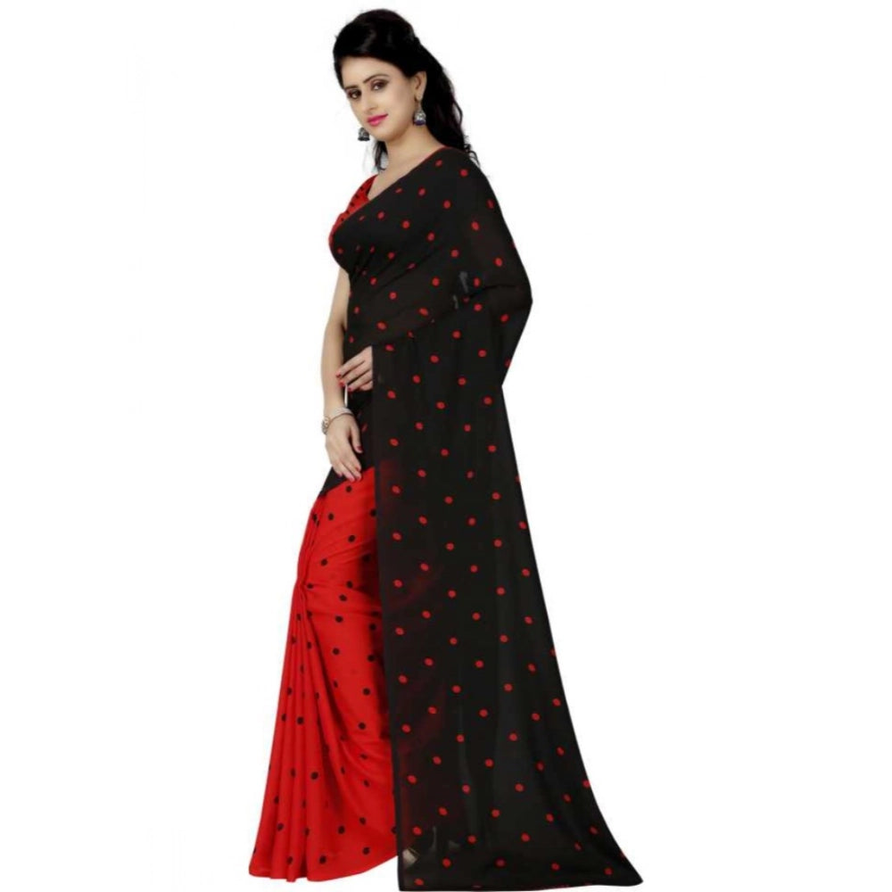 Generic Women's Faux Georgette Printed Saree With Unstitched Blouse 5.5Mtr (Red black)